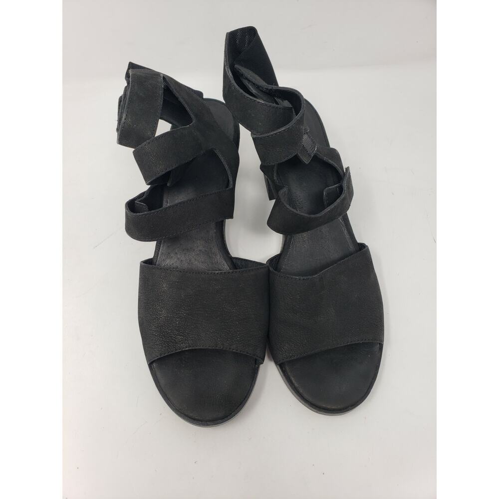 Eileen Fisher 9.5 Reed Black Leather Gladiator Sandal With Wooden Wedge